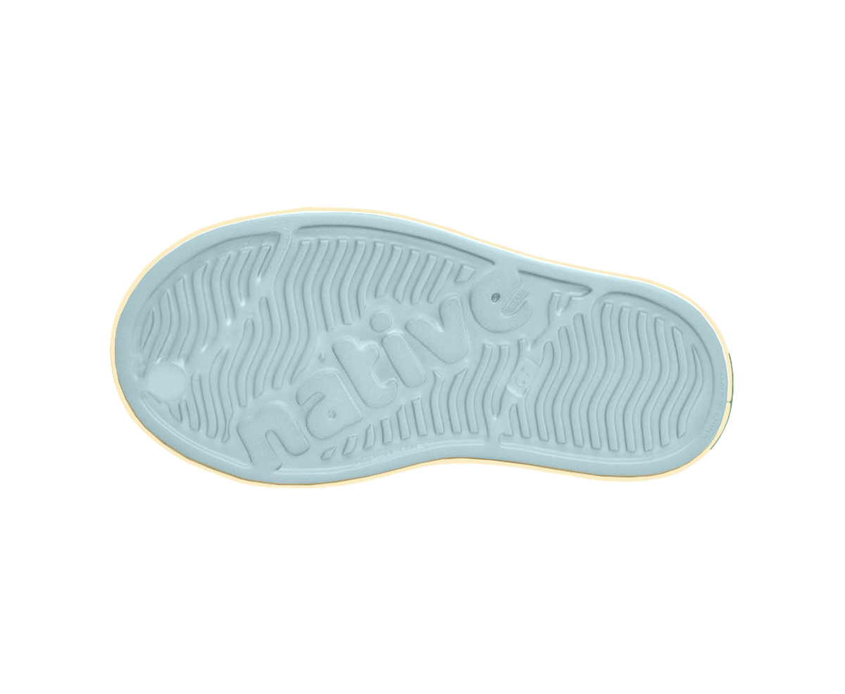Bottom view of a Native Shoes Kids Jefferson Bloom Print Kids | Dawn Blue / Bone White Speckles / Light Water Footwear in Dawn Blue / Bone White Speckles / Light Water