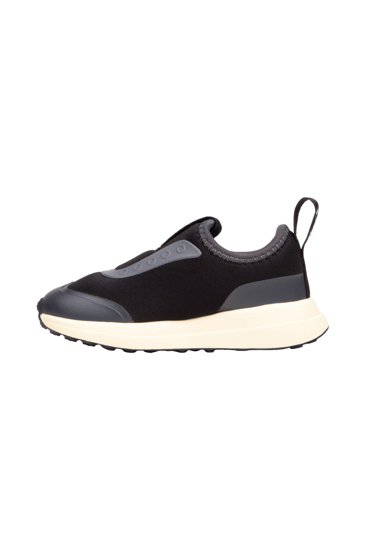 Angled view of a Native Shoes Kids Robbie Dash Kids | Jiffy Black / Tapioca Off White / Jiffy Black Footwear in Jiffy Black / Tapioca Off White / Jiffy Black