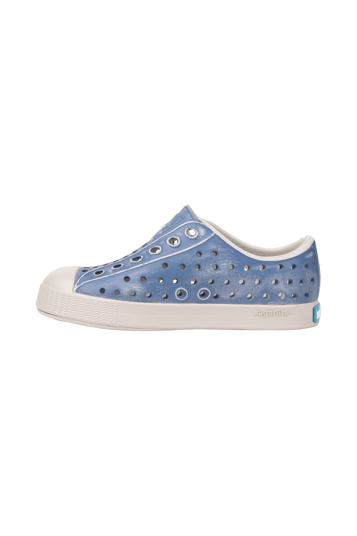 Angled view of a Native Shoes Kids Jefferson Stonewash Kids | Dawn Blue / Dawn Blue / Oasis Brushed Footwear in Dawn Blue / Dawn Blue / Oasis Brushed