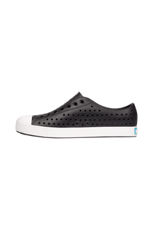 Angled view of a Native Shoes Jefferson | Jiffy Black / Shell White Footwear in Jiffy Black / Shell White