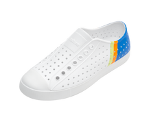 Angled view of a Native Shoes Jefferson Block | Shell White / Shell White / Uv City Celery Block Footwear in Shell White / Shell White / Uv City Celery Block
