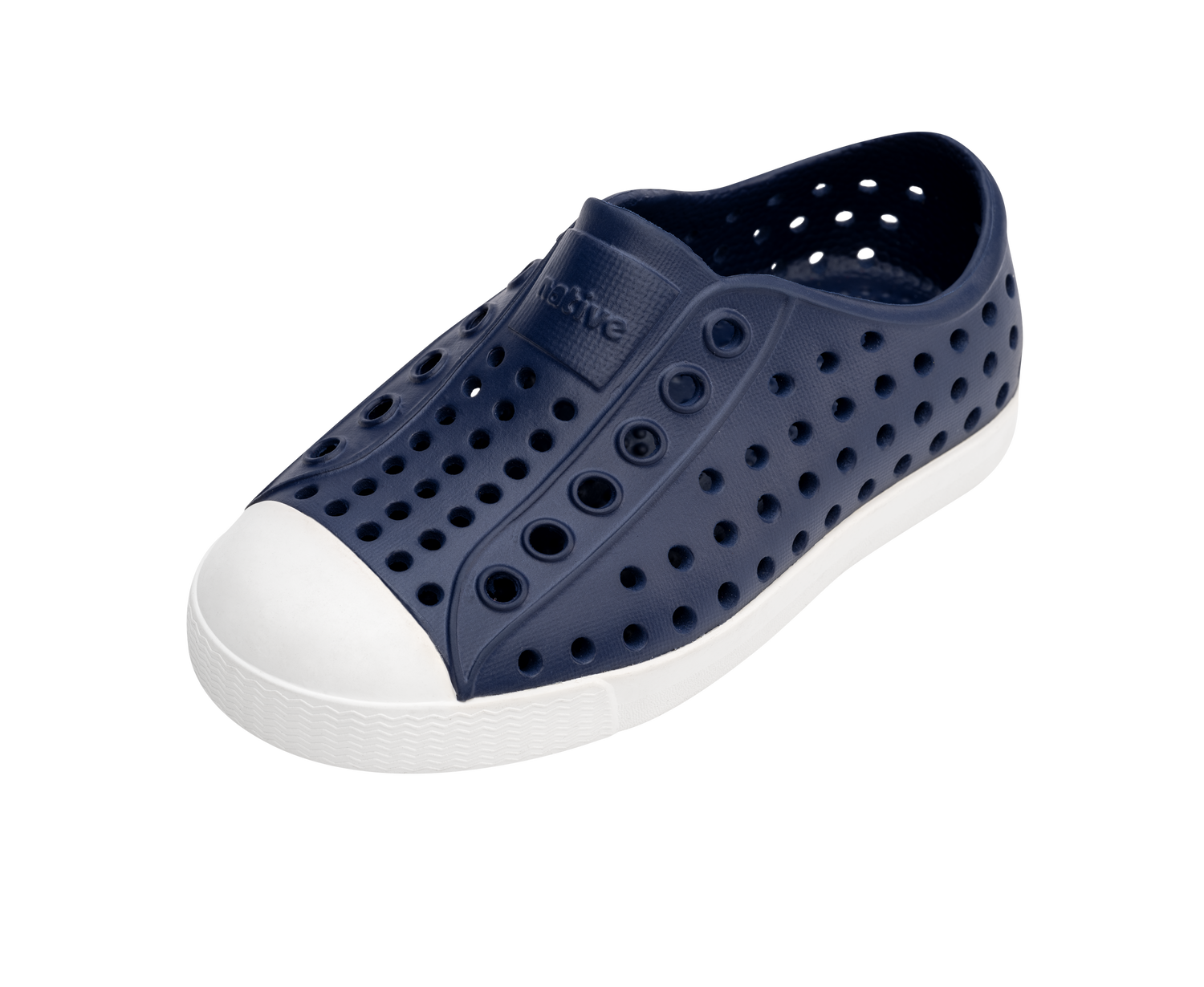 Angled view of a Native Shoes Kids Jefferson Kids | Regatta Blue / Shell White Footwear in Regatta Blue / Shell White