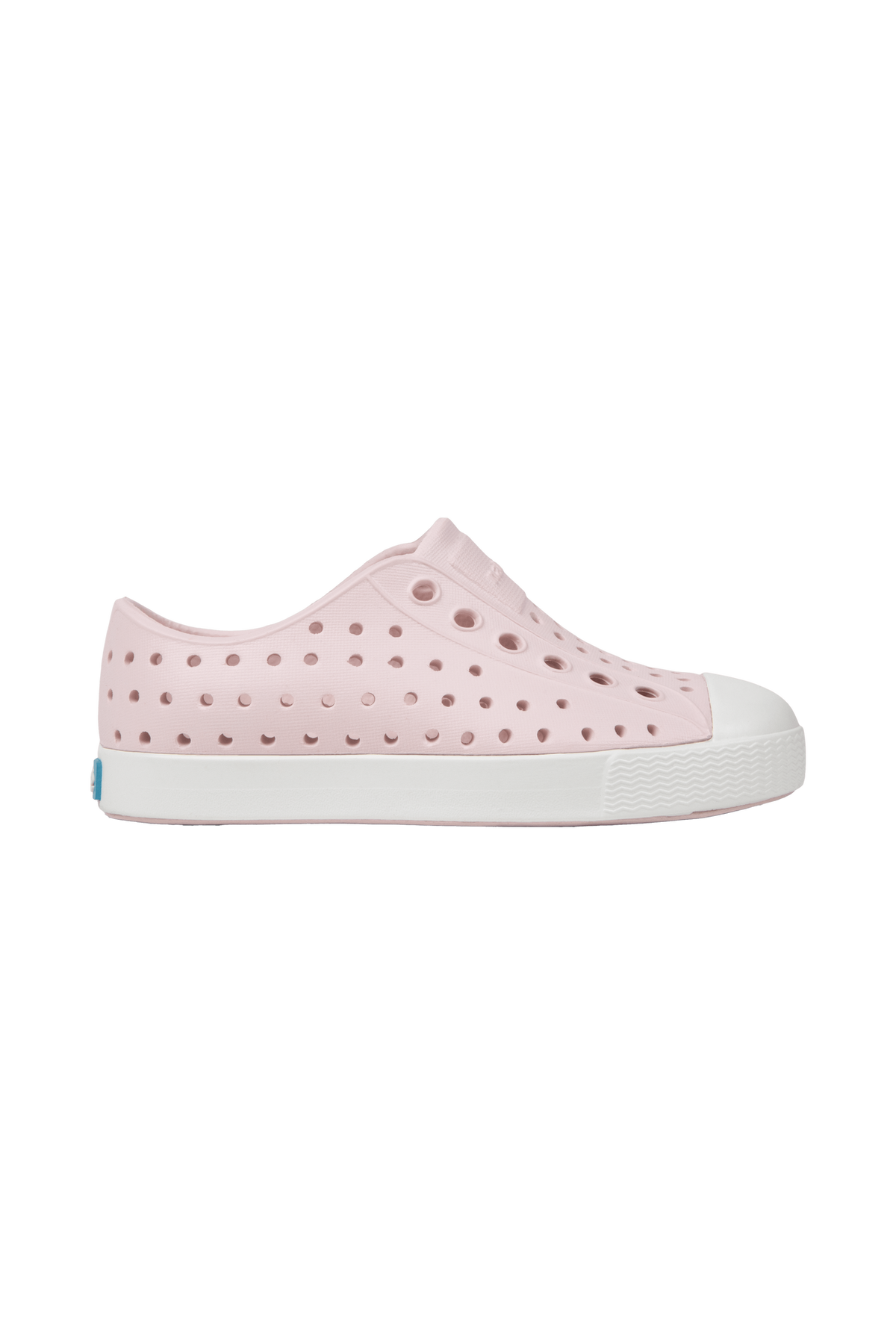 Side view of a Native Shoes Kids Jefferson Kids Footwear in Milk Pink / Shell White