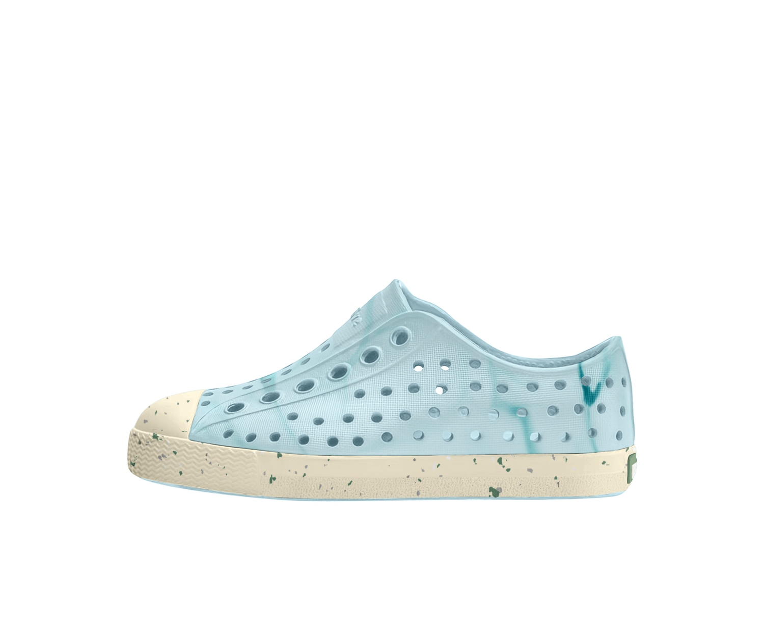 Side view of a Native Shoes Kids Jefferson Bloom Print Kids Footwear in Dawn Blue / Bone White Speckles / Light Water