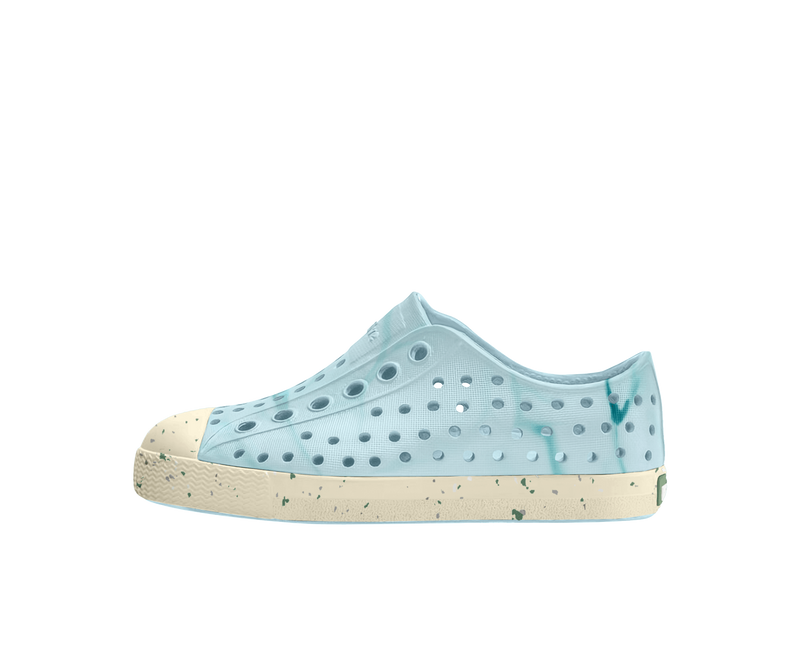 Side view of a Native Shoes Kids Jefferson Bloom Print Kids Footwear in Dawn Blue / Bone White Speckles / Light Water