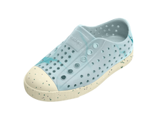 Angled view of a Native Shoes Kids Jefferson Bloom Print Kids | Dawn Blue / Bone White Speckles / Light Water Footwear in Dawn Blue / Bone White Speckles / Light Water