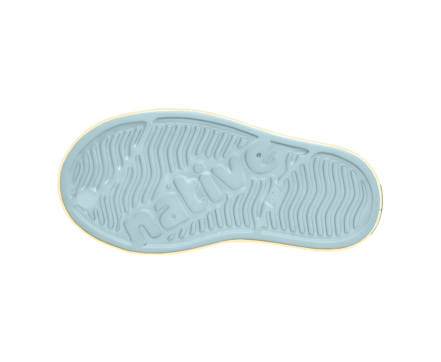Bottom view of a Native Shoes Kids Jefferson Bloom Print Kids | Dawn Blue / Bone White Speckles / Light Water Footwear in Dawn Blue / Bone White Speckles / Light Water