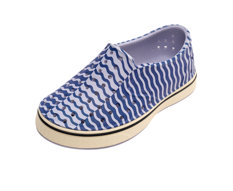 Angled view of a Native Shoes Kids Miles Bloom Print Kids | Future Purple / Bone White / Ink Wiggle Stripe Footwear in Future Purple / Bone White / Ink Wiggle Stripe