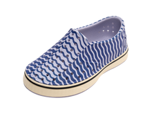 Angled view of a Native Shoes Kids Miles Bloom Print Kids | Future Purple / Bone White / Ink Wiggle Stripe Footwear in Future Purple / Bone White / Ink Wiggle Stripe