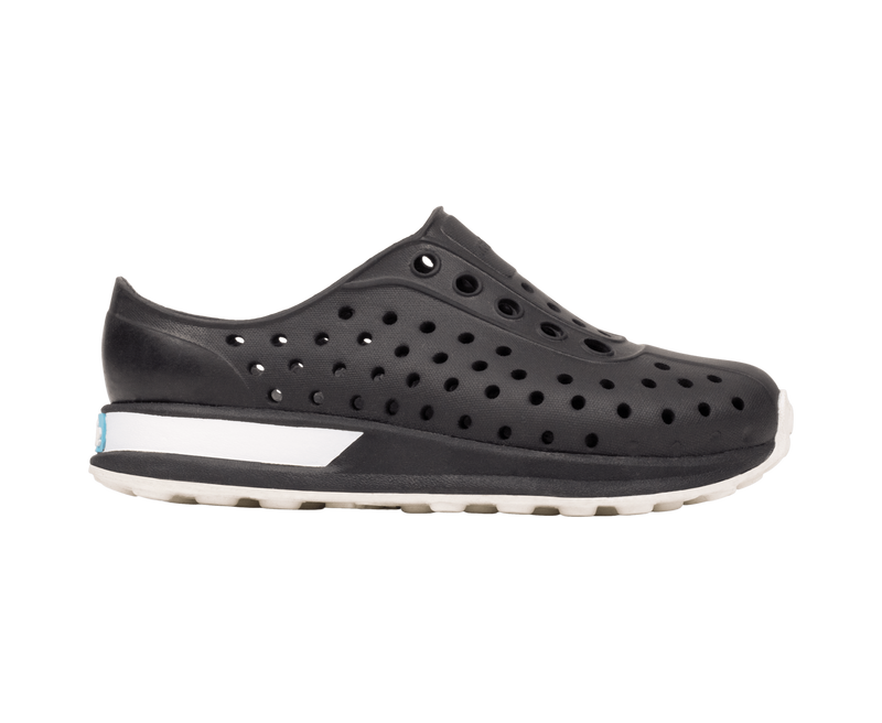 Side view of a Native Shoes Kids Robbie Block Kids Footwear in Jfyblk/Jfyblk/Shlwht/Shlspckrb