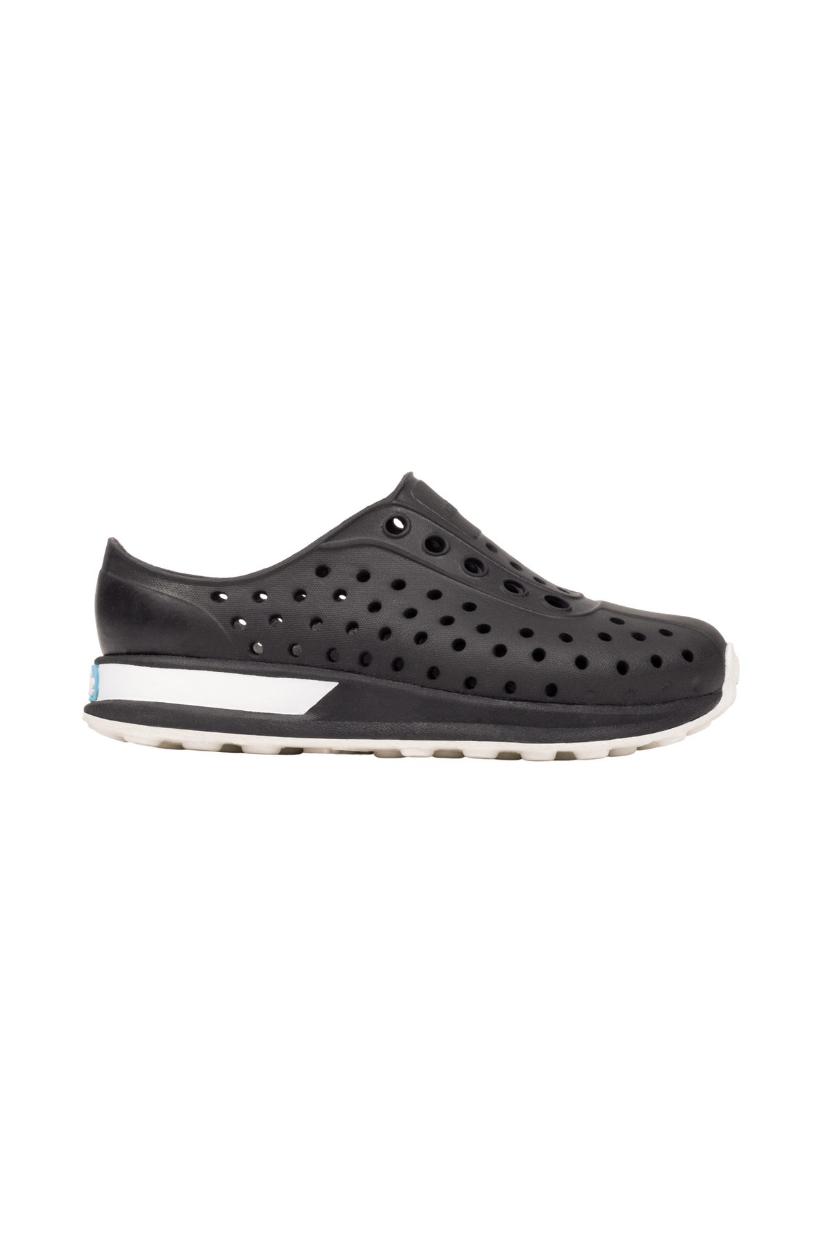 Side view of a Native Shoes Kids Robbie Block Kids Footwear in Jfyblk/Jfyblk/Shlwht/Shlspckrb