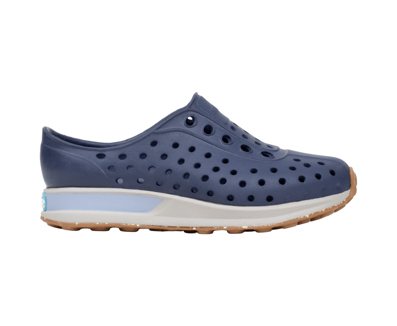 Side view of a Native Shoes Kids Robbie Block Kids Footwear in Rgtabl/Slkgry/Kingr/Uvspckrb