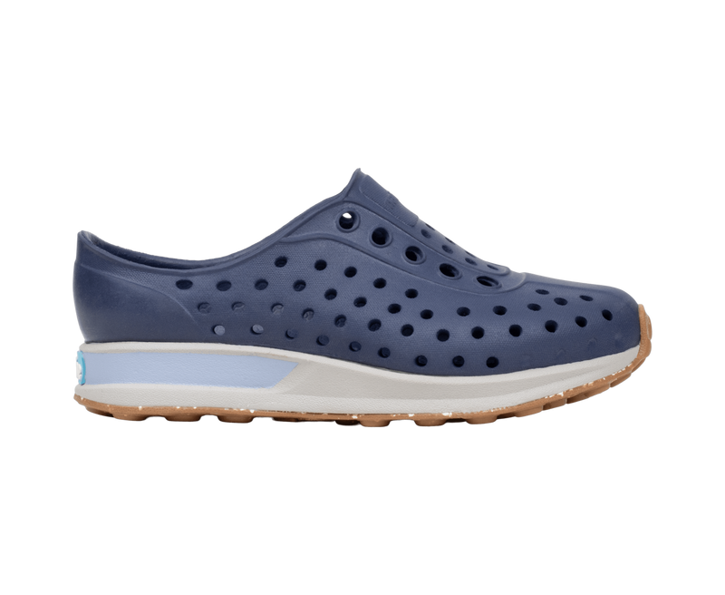 Side view of a Native Shoes Kids Robbie Block Kids Footwear in Rgtabl/Slkgry/Kingr/Uvspckrb