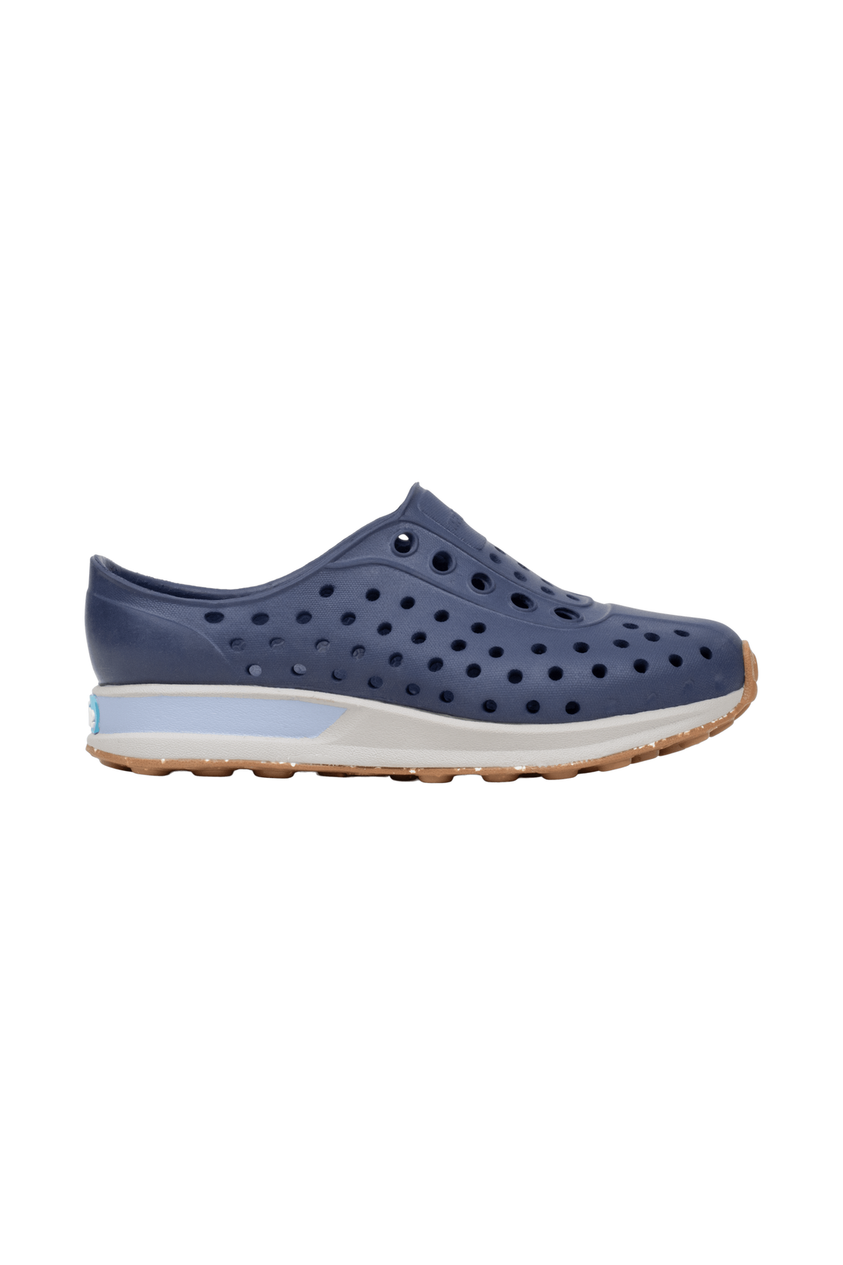 Side view of a Native Shoes Kids Robbie Block Kids Footwear in Rgtabl/Slkgry/Kingr/Uvspckrb