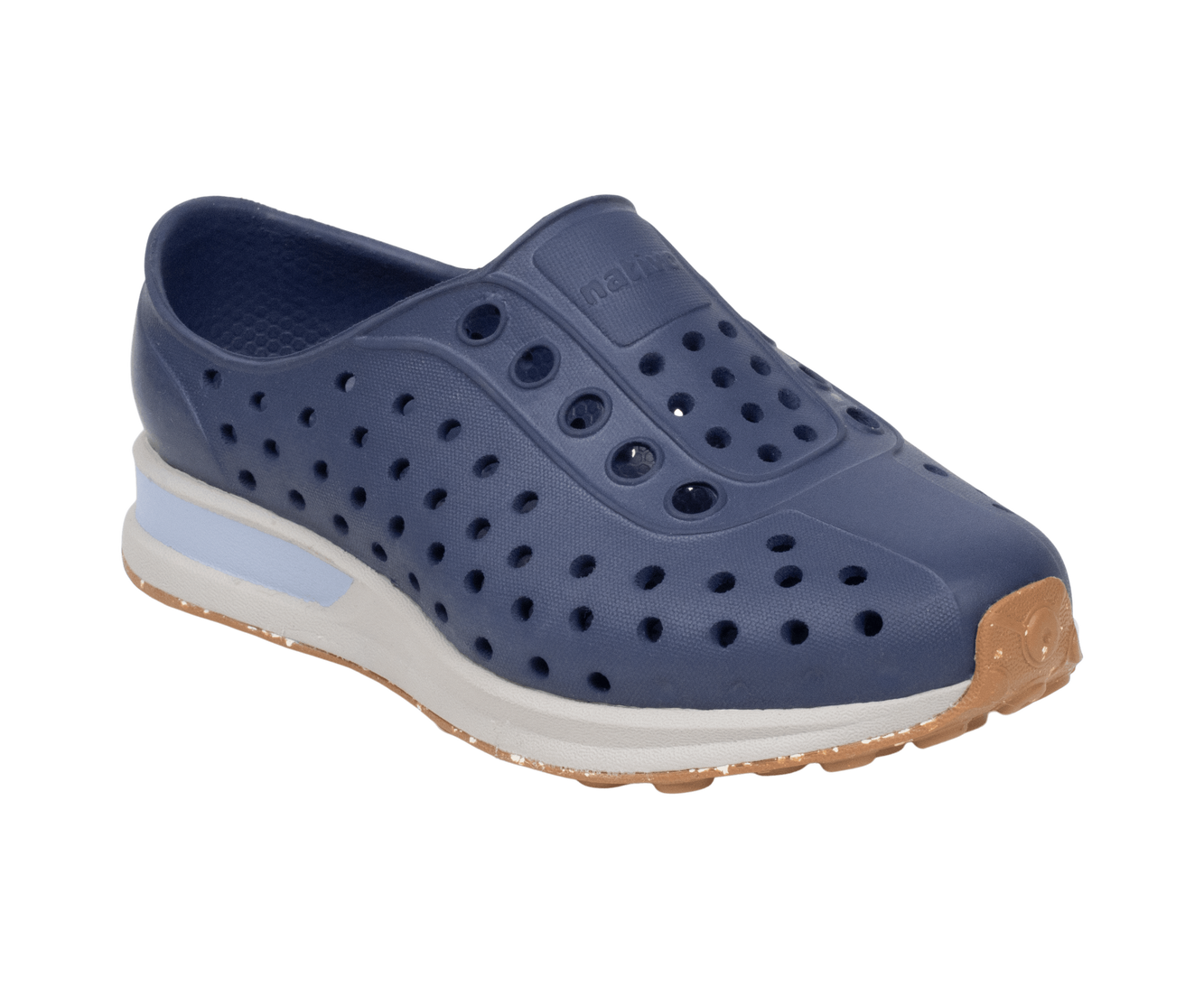 Bottom view of a Native Shoes Kids Robbie Block Kids | Rgtabl/Slkgry/Kingr/Uvspckrb Footwear in Rgtabl/Slkgry/Kingr/Uvspckrb