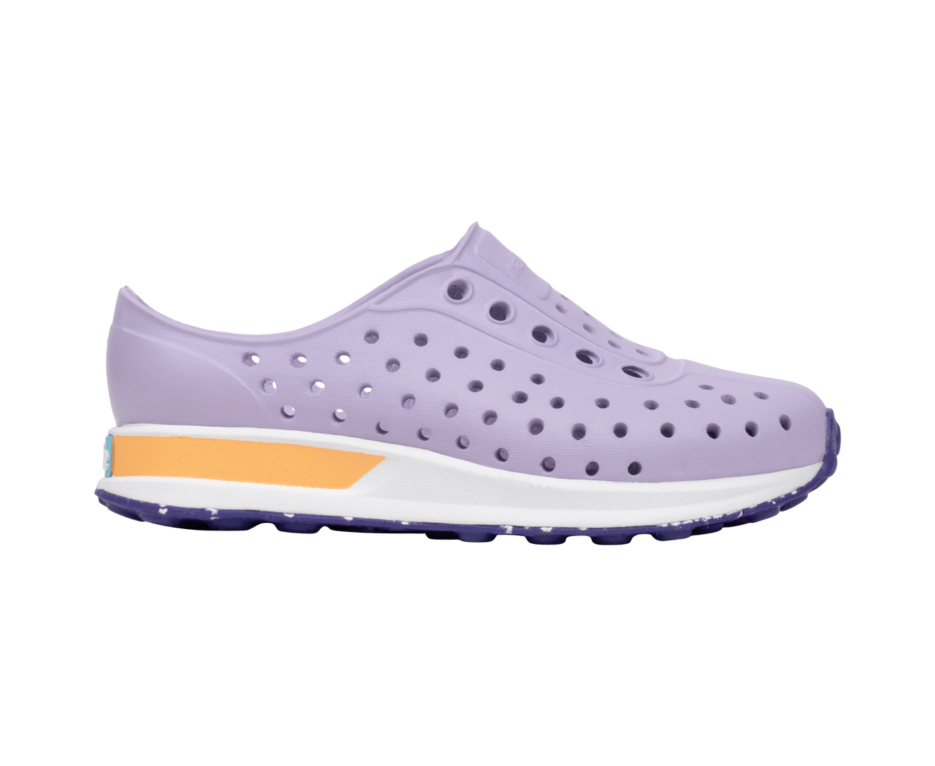 Side view of a Native Shoes Kids Robbie Block Kids Footwear in Troprp/Bnwht/Parapnk/Glmspckrb