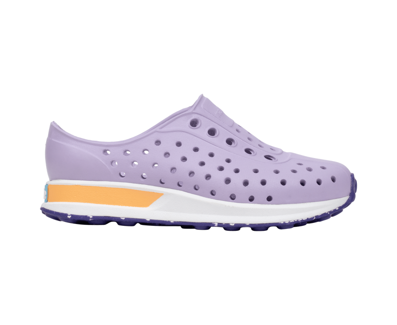Side view of a Native Shoes Kids Robbie Block Kids Footwear in Troprp/Bnwht/Parapnk/Glmspckrb