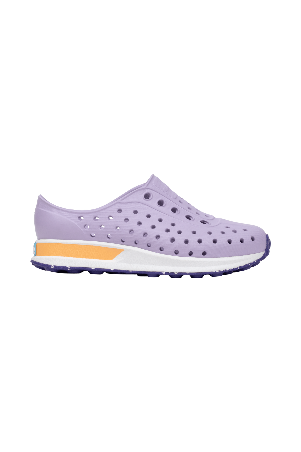 Side view of a Native Shoes Kids Robbie Block Kids Footwear in Troprp/Bnwht/Parapnk/Glmspckrb
