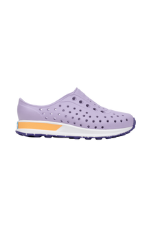 Side view of a Native Shoes Kids Robbie Block Kids Footwear in Troprp/Bnwht/Parapnk/Glmspckrb