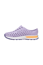 Angled view of a Native Shoes Kids Robbie Block Kids | Troprp/Bnwht/Parapnk/Glmspckrb Footwear in Troprp/Bnwht/Parapnk/Glmspckrb