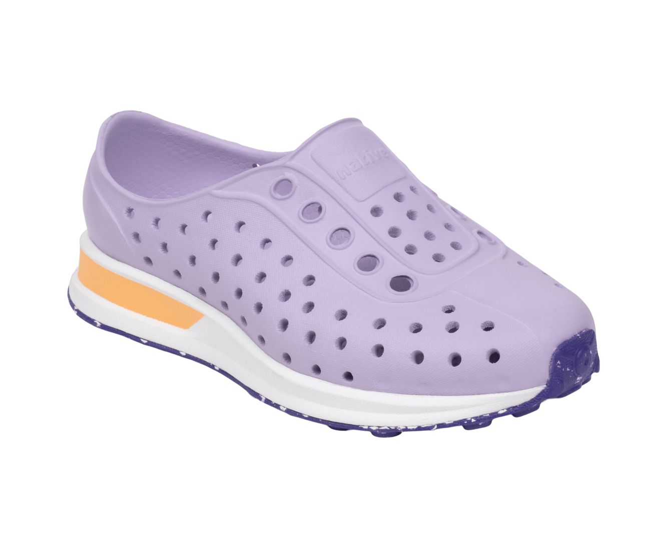 Bottom view of a Native Shoes Kids Robbie Block Kids | Troprp/Bnwht/Parapnk/Glmspckrb Footwear in Troprp/Bnwht/Parapnk/Glmspckrb