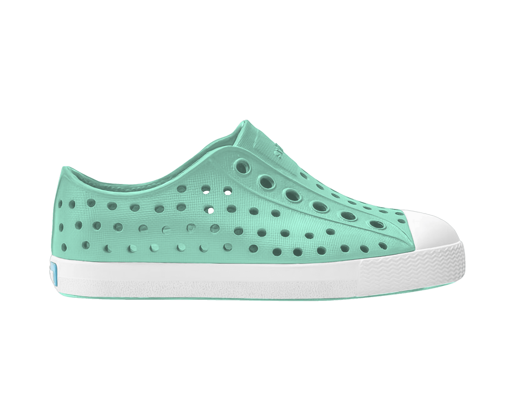 Side view of a Native Shoes Kids Jefferson Kids Footwear in Fresco Green / Shell White