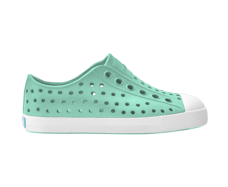 Side view of a Native Shoes Kids Jefferson Kids Footwear in Fresco Green / Shell White