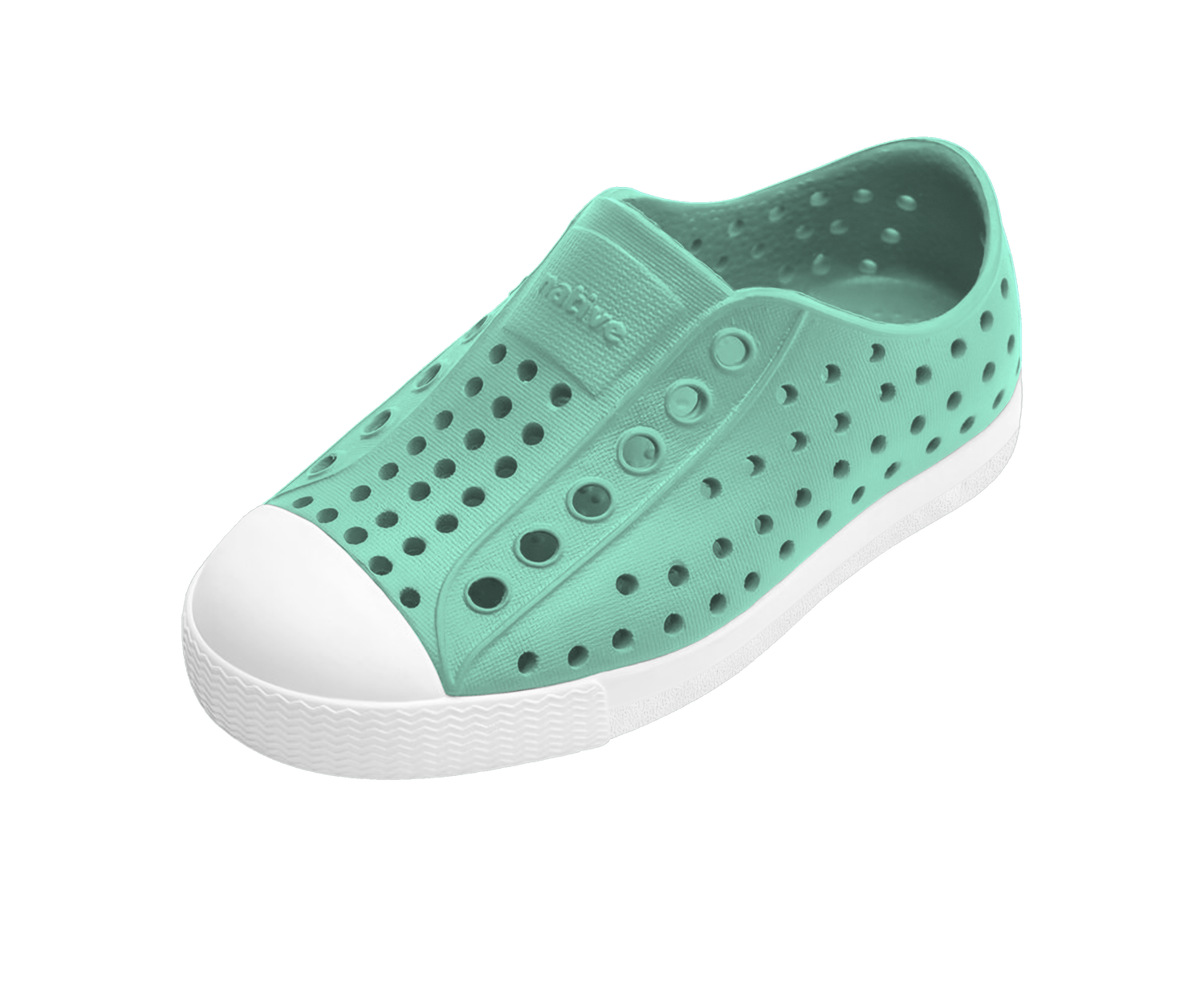 Angled view of a Native Shoes Kids Jefferson Kids | Fresco Green / Shell White Footwear in Fresco Green / Shell White