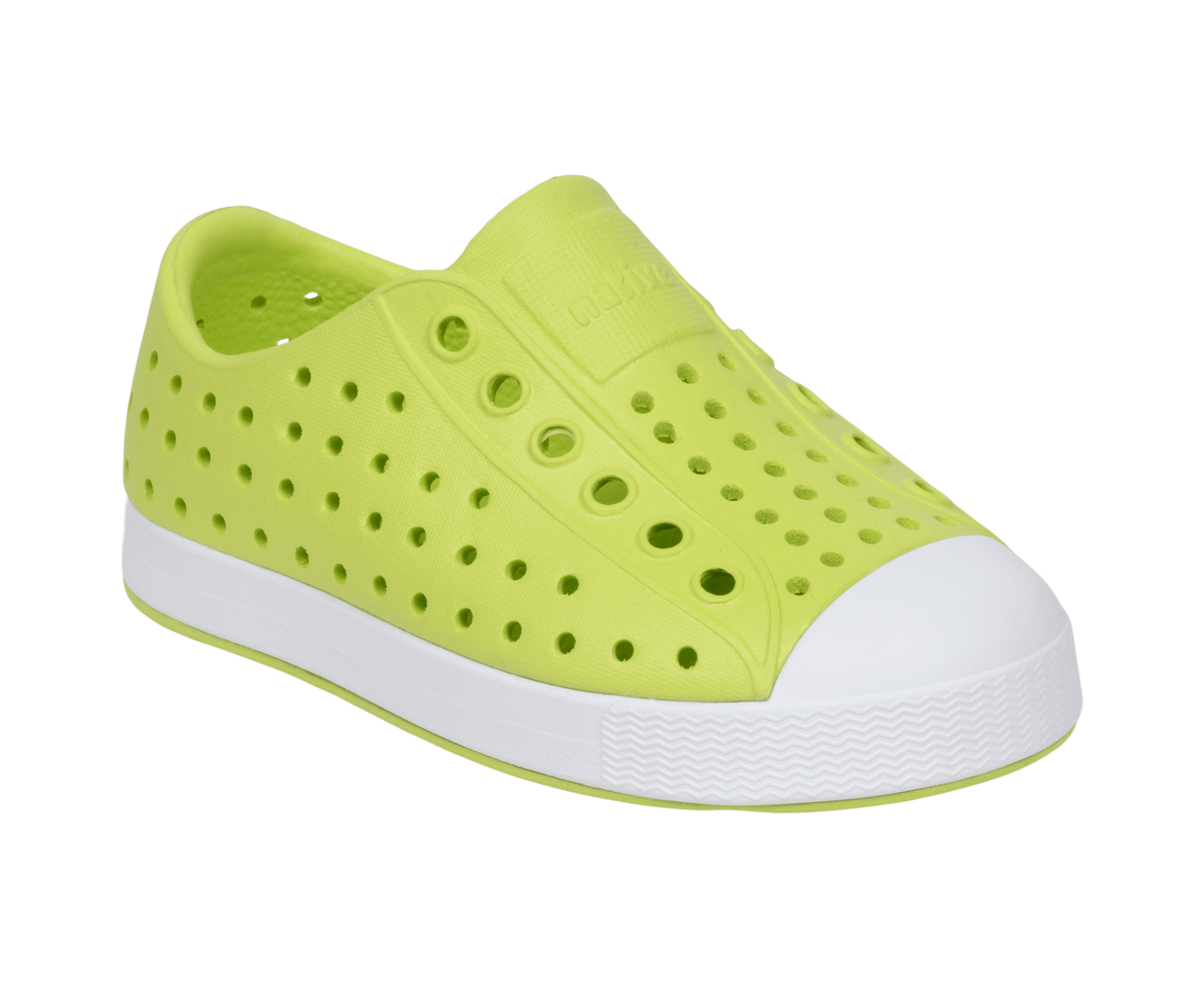 Angled view of a Native Shoes Kids Jefferson Kids | Kingr/Shlwht Footwear in Kingr/Shlwht