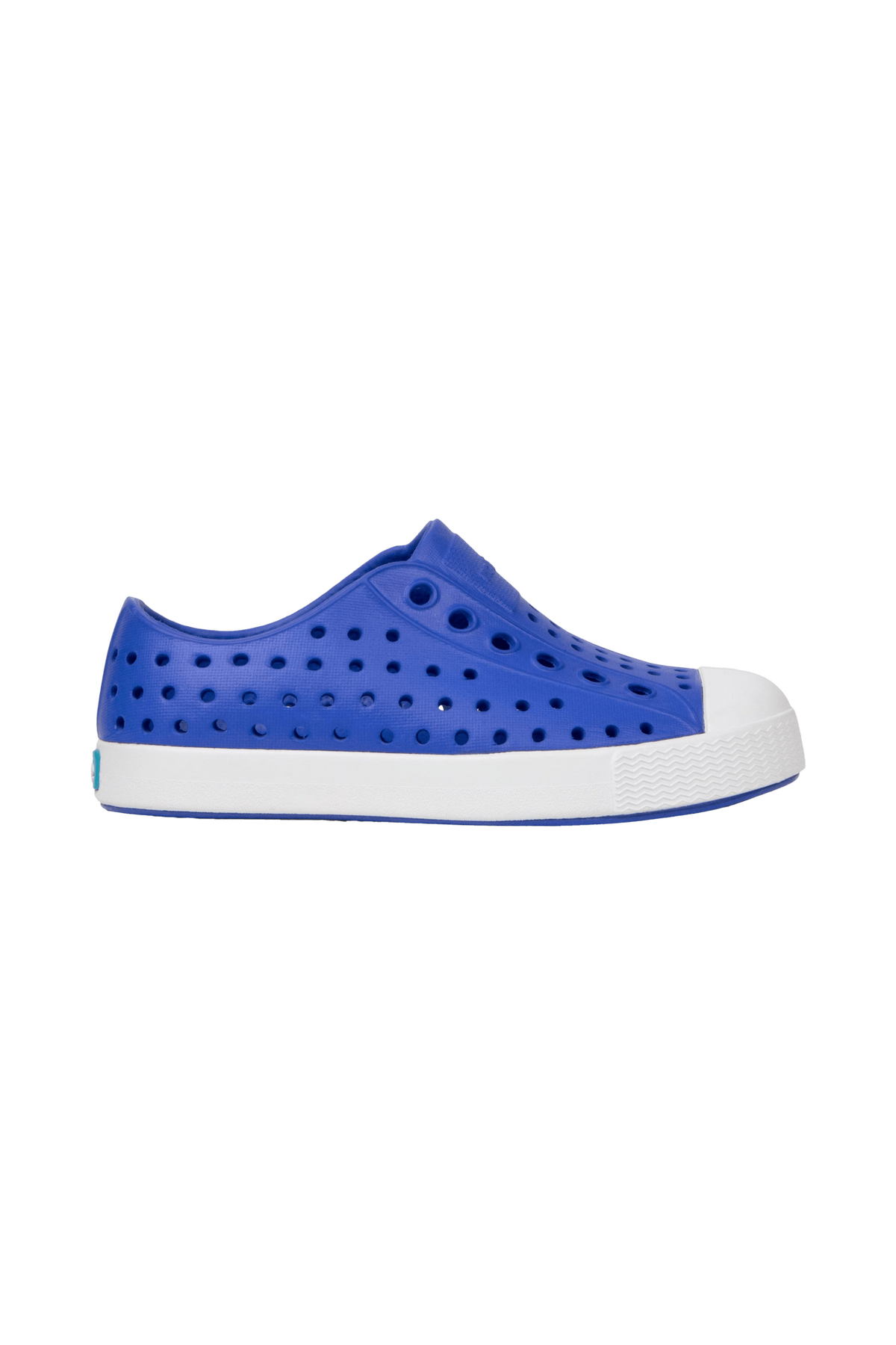 Side view of a Native Shoes Kids Jefferson Kids Footwear in Uv Blue / Shell White