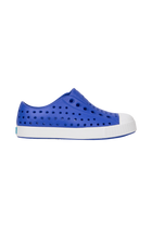 Side view of a Native Shoes Kids Jefferson Kids Footwear in Uv Blue / Shell White