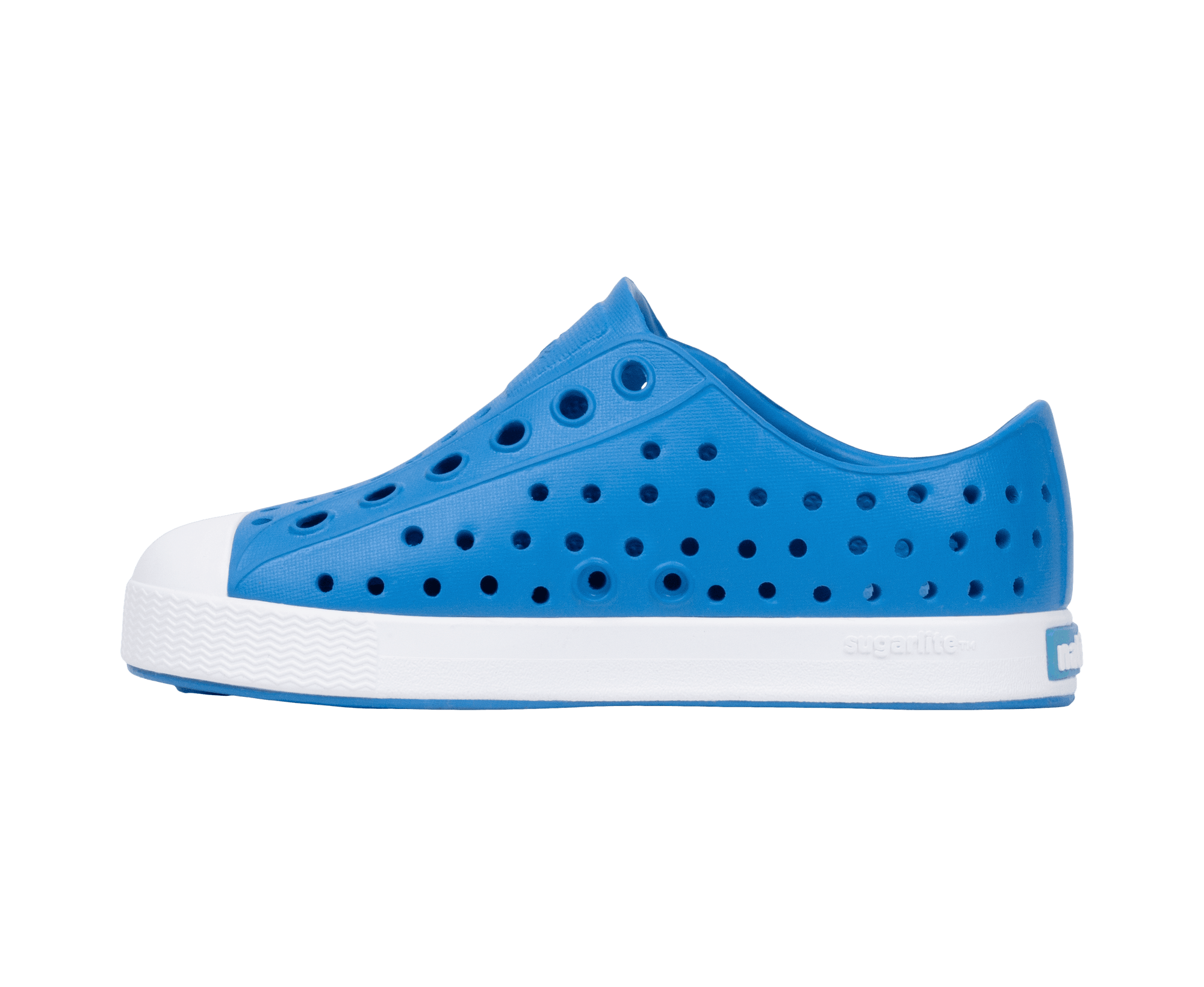 Angled view of a Native Shoes Kids Jefferson Kids | Wave Blue / Shell White Footwear in Wave Blue / Shell White