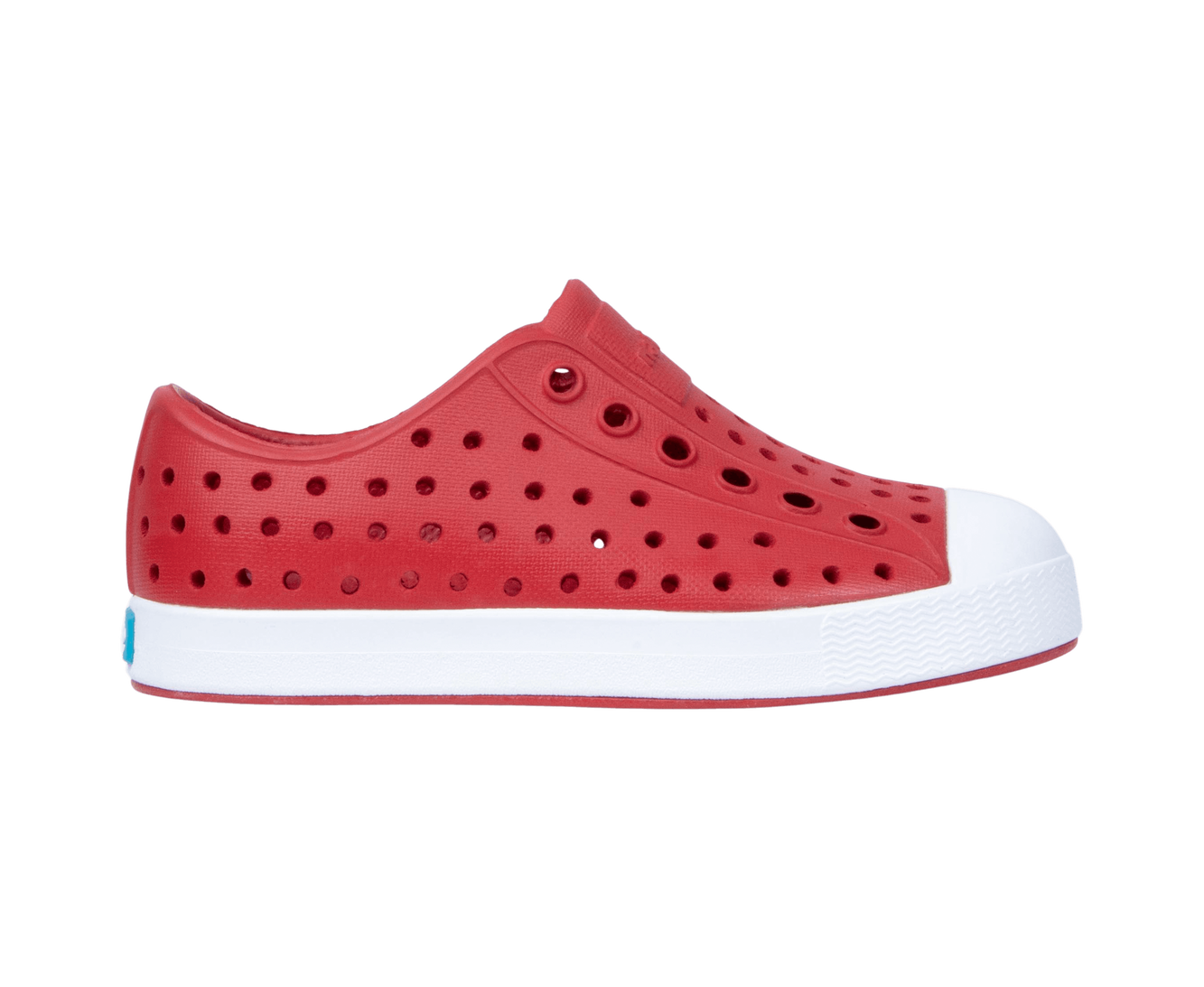 Side view of a Native Shoes Kids Jefferson Kids Footwear in Ruby Red / Shell White
