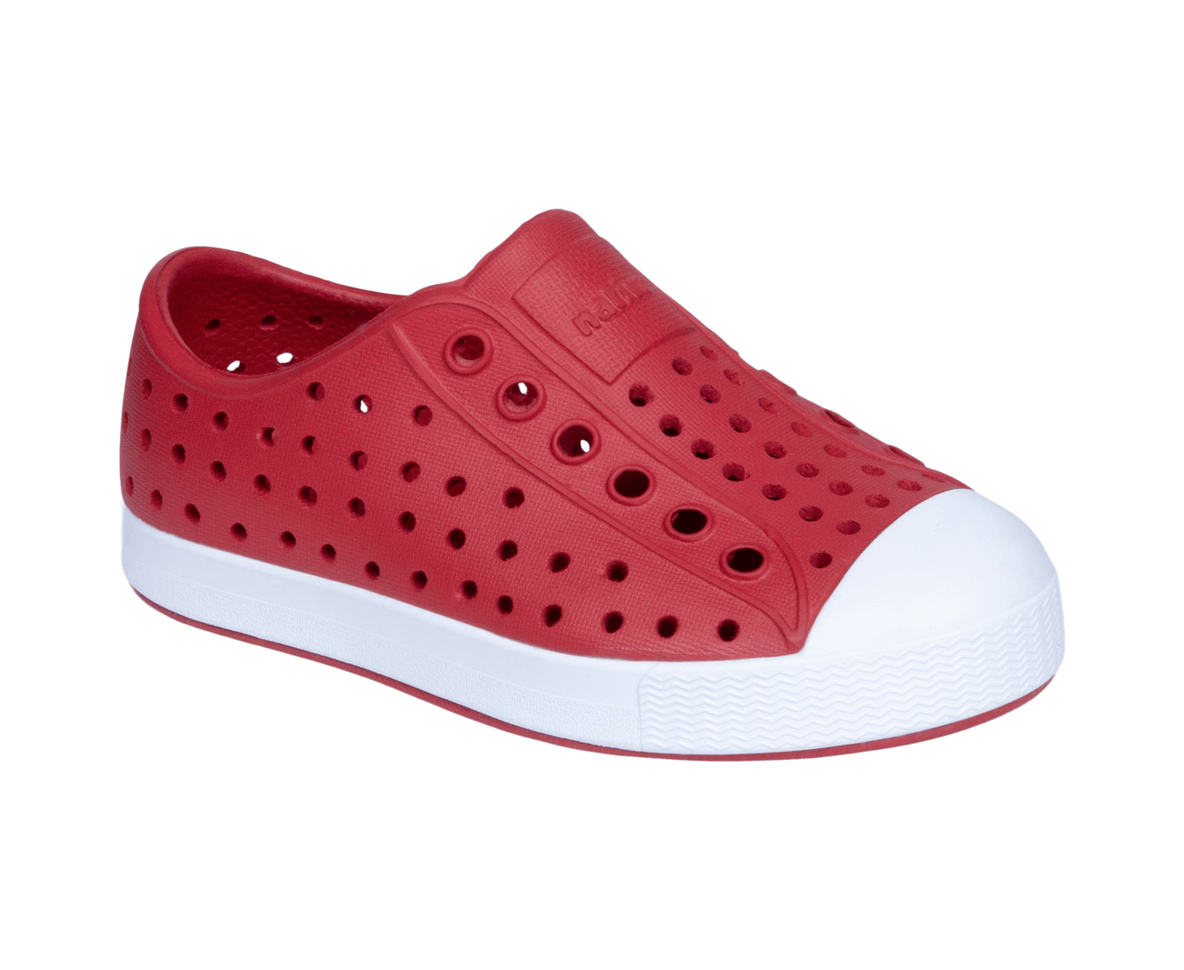 Bottom view of a Native Shoes Kids Jefferson Kids | Ruby Red / Shell White Footwear in Ruby Red / Shell White