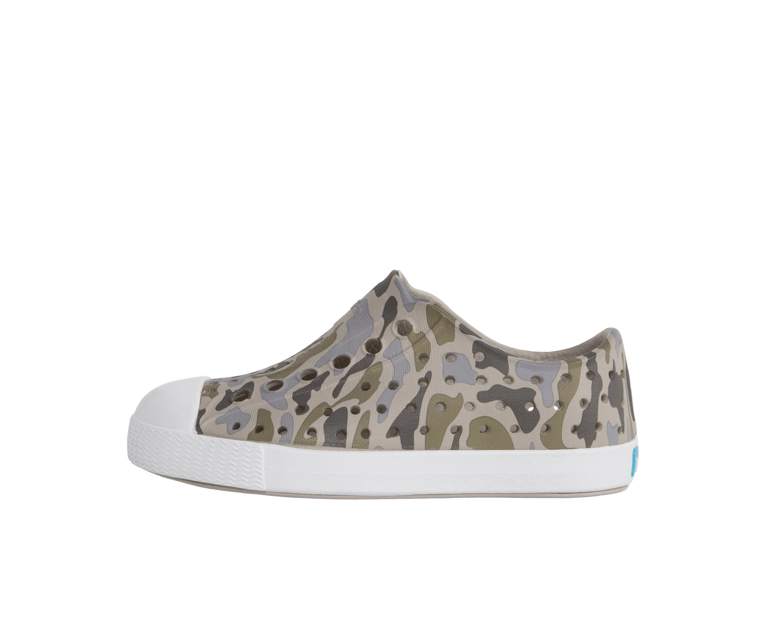 Side view of a Native Shoes Kids Jefferson Print Kids Footwear in Slkgry/Shlwht/Vetcamo