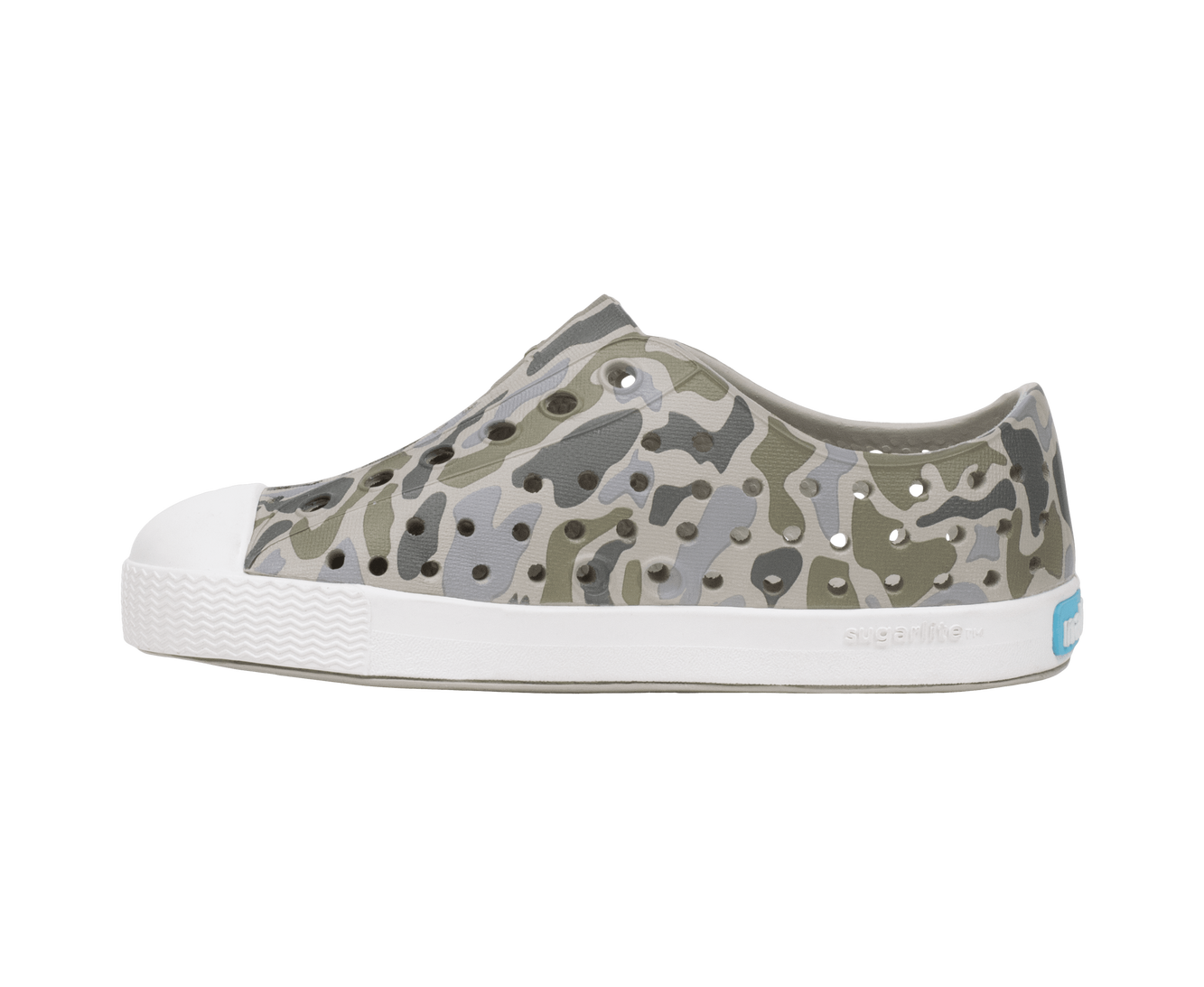 Angled view of a Native Shoes Kids Jefferson Print Kids | Slkgry/Shlwht/Vetcamo Footwear in Slkgry/Shlwht/Vetcamo