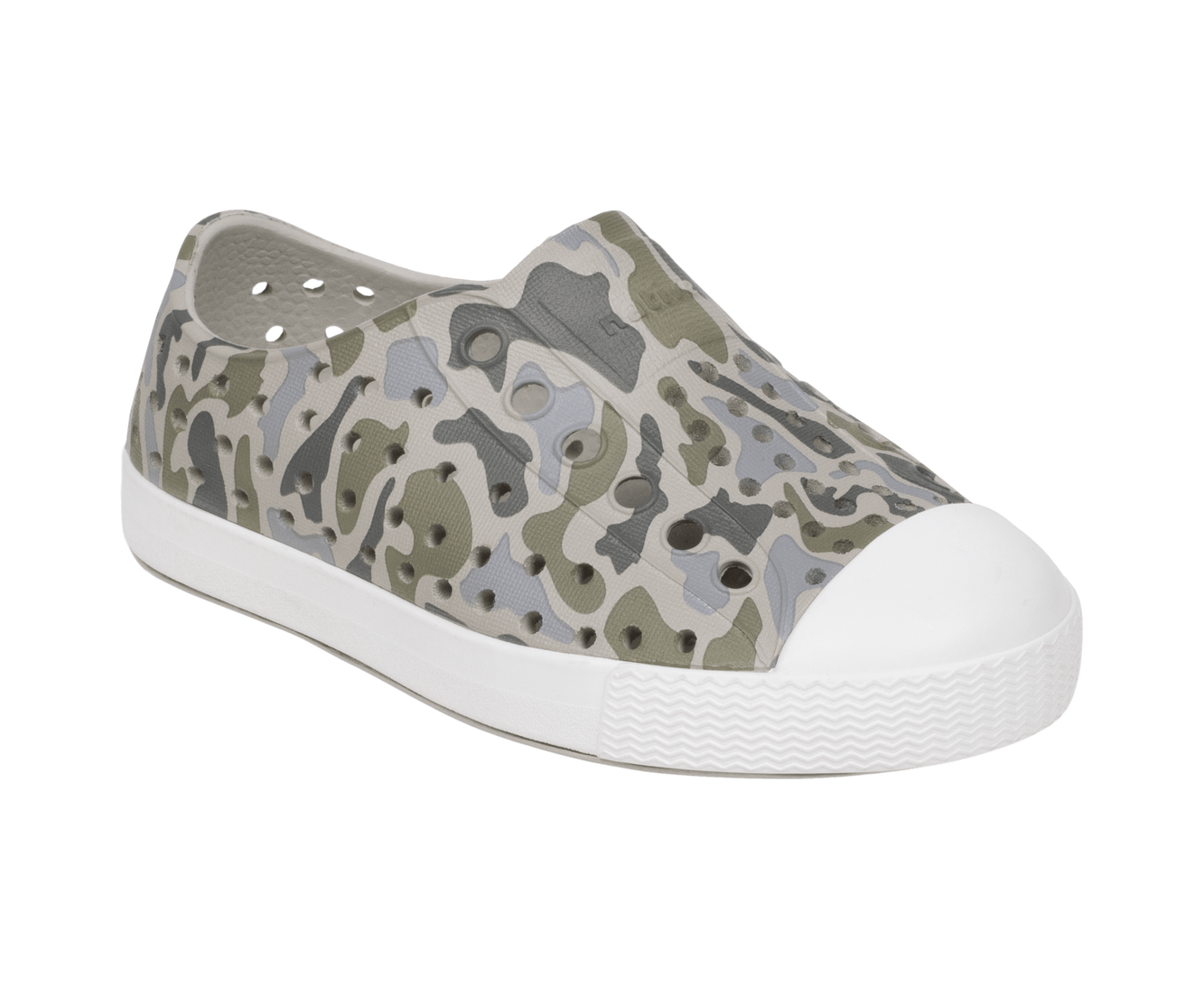 Bottom view of a Native Shoes Kids Jefferson Print Kids | Slkgry/Shlwht/Vetcamo Footwear in Slkgry/Shlwht/Vetcamo