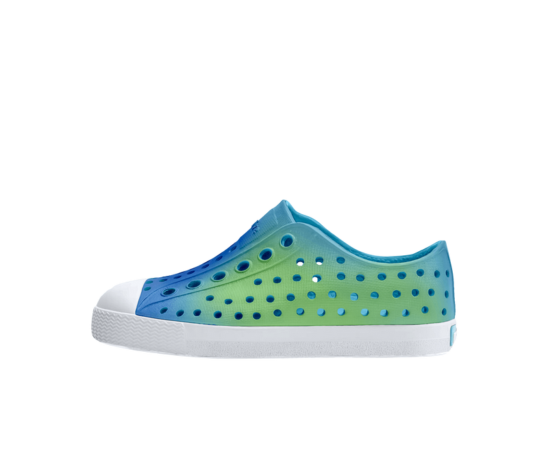 Side view of a Native Shoes Kids Jefferson Print Kids Footwear in Aquarius Blue / Shell White / Hilly Uv Blur