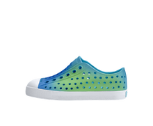 Side view of a Native Shoes Kids Jefferson Print Kids Footwear in Aquarius Blue / Shell White / Hilly Uv Blur