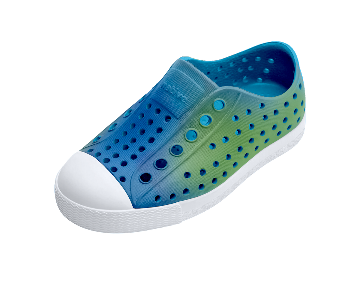 Angled view of a Native Shoes Kids Jefferson Print Kids | Aquarius Blue / Shell White / Hilly Uv Blur Footwear in Aquarius Blue / Shell White / Hilly Uv Blur