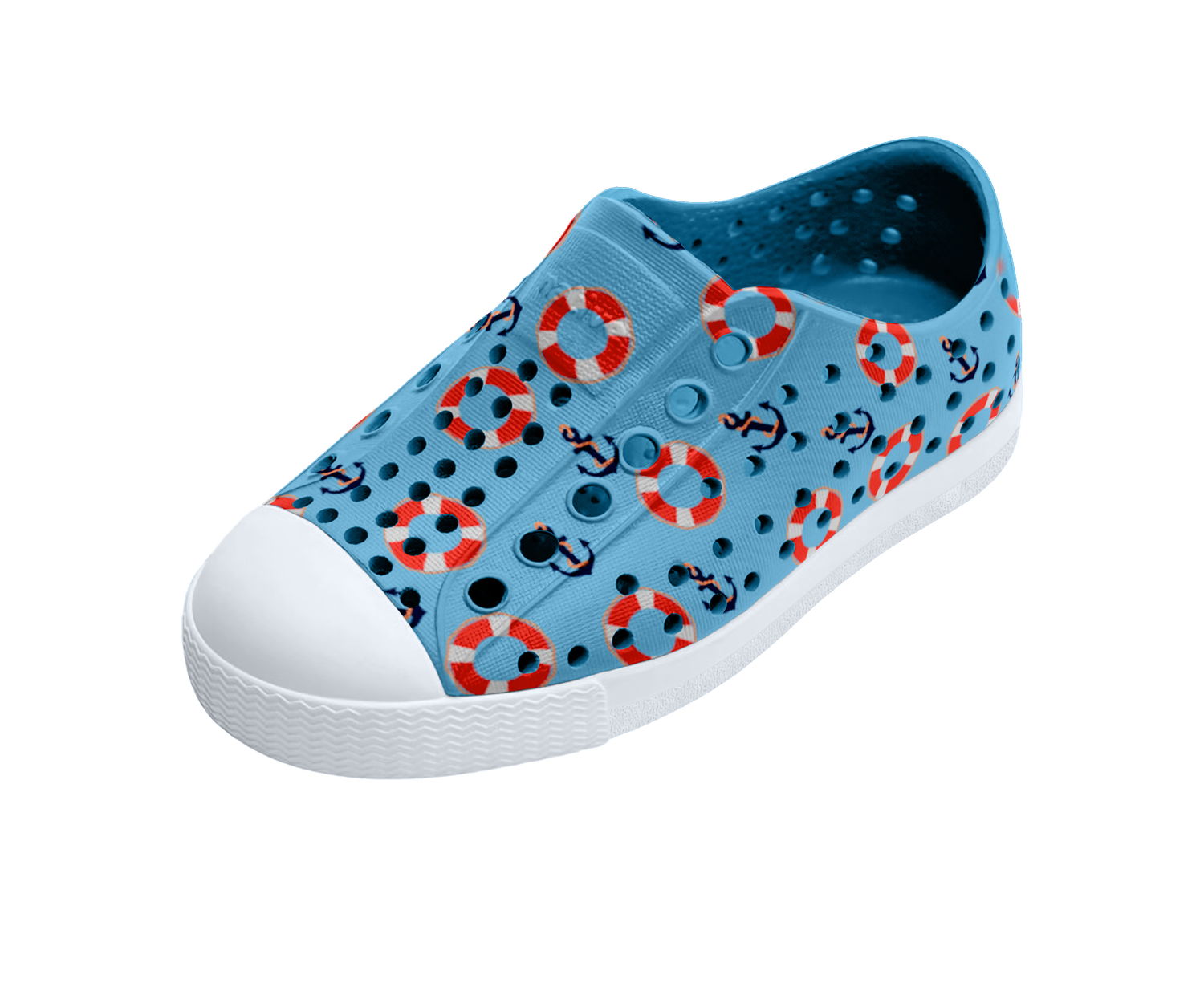 Angled view of a Native Shoes Kids Jefferson Print Kids | Aquarius Blue / Shell White / Anchors Footwear in Aquarius Blue / Shell White / Anchors