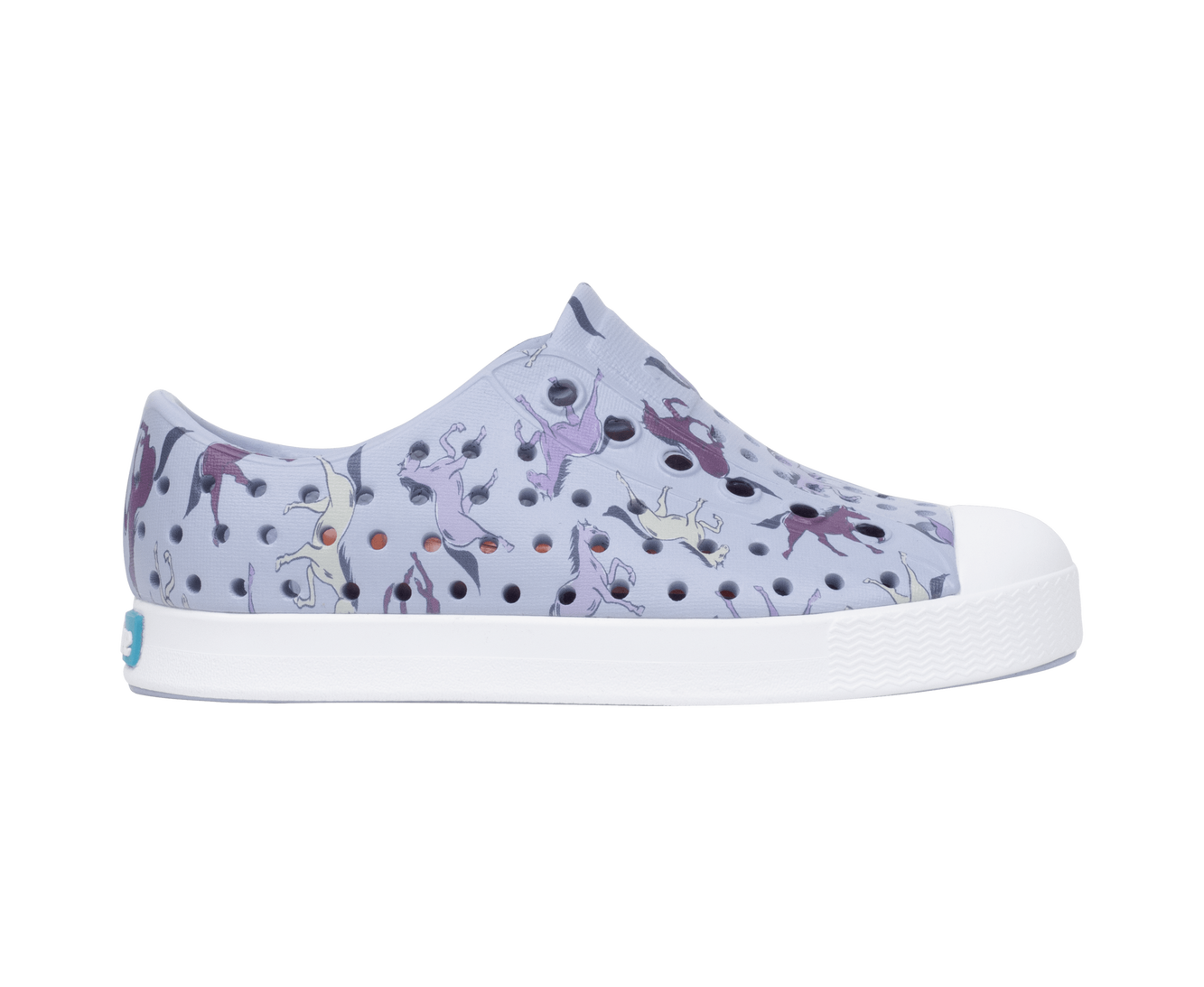Side view of a Native Shoes Kids Jefferson Print Kids Footwear in Skwybl/Shlwht/Twrlhorses