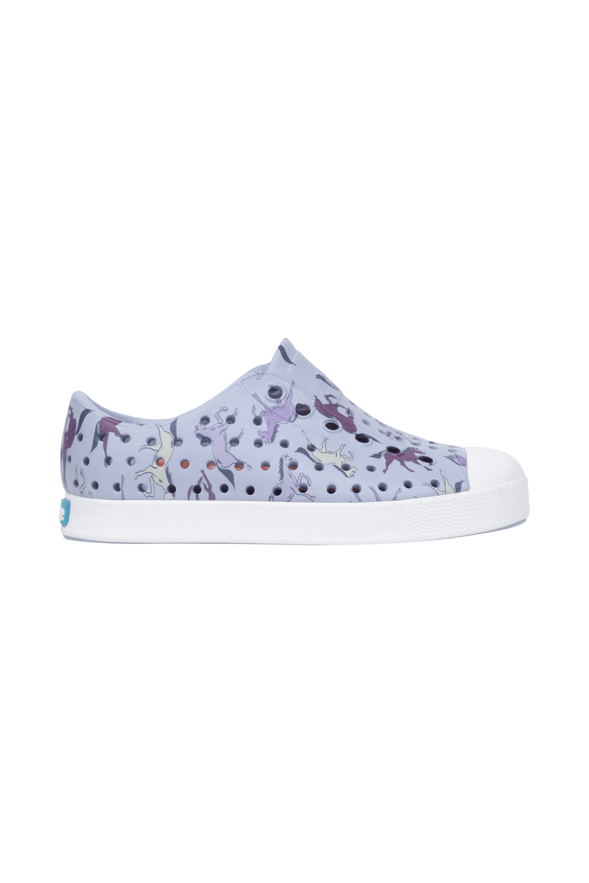 Side view of a Native Shoes Kids Jefferson Print Kids Footwear in Skwybl/Shlwht/Twrlhorses