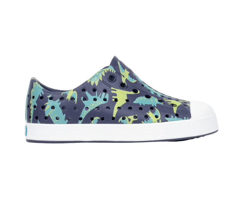 Side view of a Native Shoes Kids Jefferson Print Kids Footwear in Rgtabl/Shlwht/Tnkdino