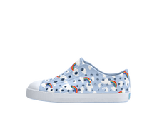Side view of a Native Shoes Kids Jefferson Print Kids Footwear in Skyway Blue / Shell White / Cloud Rainbow