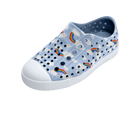 Angled view of a Native Shoes Kids Jefferson Print Kids | Skyway Blue / Shell White / Cloud Rainbow Footwear in Skyway Blue / Shell White / Cloud Rainbow
