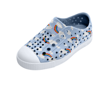 Angled view of a Native Shoes Kids Jefferson Print Kids | Skyway Blue / Shell White / Cloud Rainbow Footwear in Skyway Blue / Shell White / Cloud Rainbow