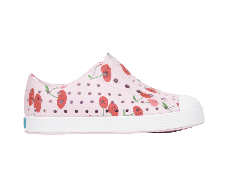 Side view of a Native Shoes Kids Jefferson Print Kids Footwear in Brlypnk/Shlwht/Cherries