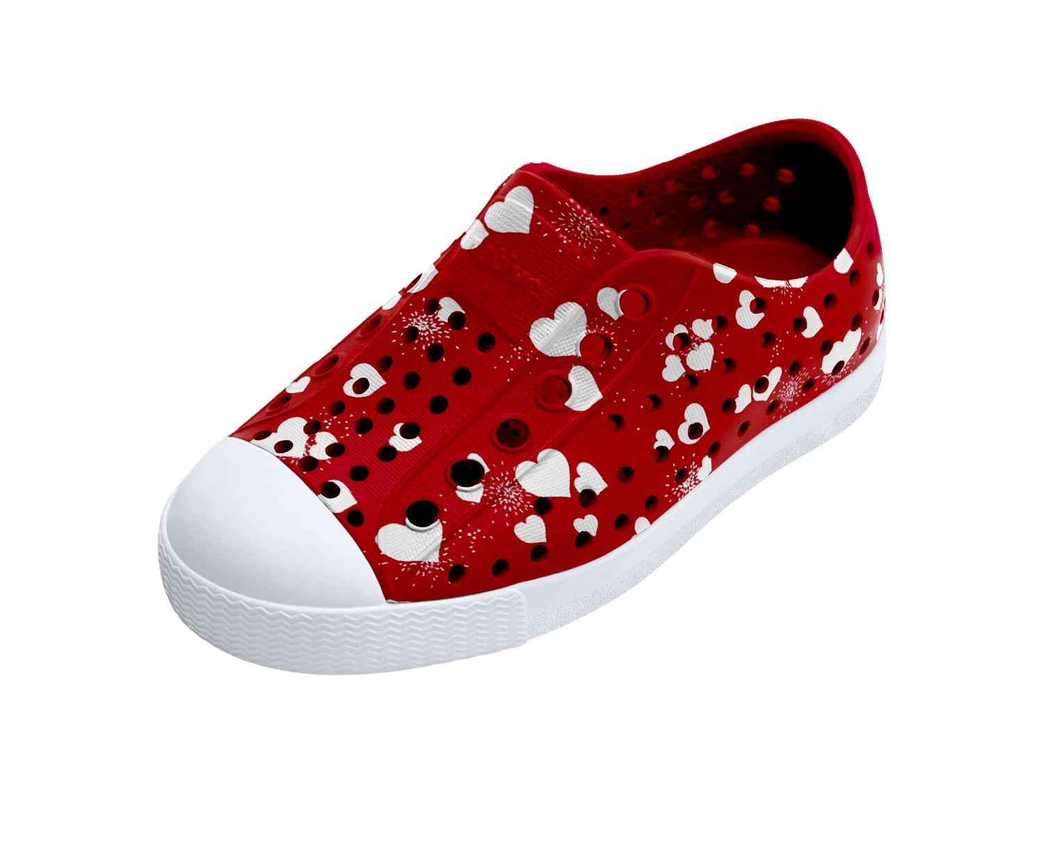 Angled view of a Native Shoes Kids Jefferson Print Kids | Ruby Red / Shell White / Heart Fireworks Footwear in Ruby Red / Shell White / Heart Fireworks