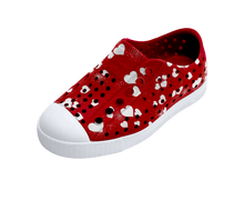 Angled view of a Native Shoes Kids Jefferson Print Kids | Ruby Red / Shell White / Heart Fireworks Footwear in Ruby Red / Shell White / Heart Fireworks